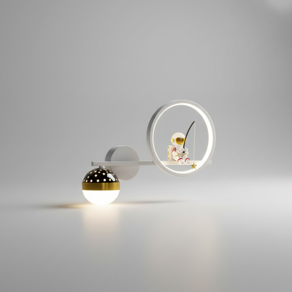 LED Kids Wall Sconce Astronaut Moon Star Night Light Gold White Metal Space Nursery Bedroom Decorative Fixture Boys Girls Reading Corner Pla