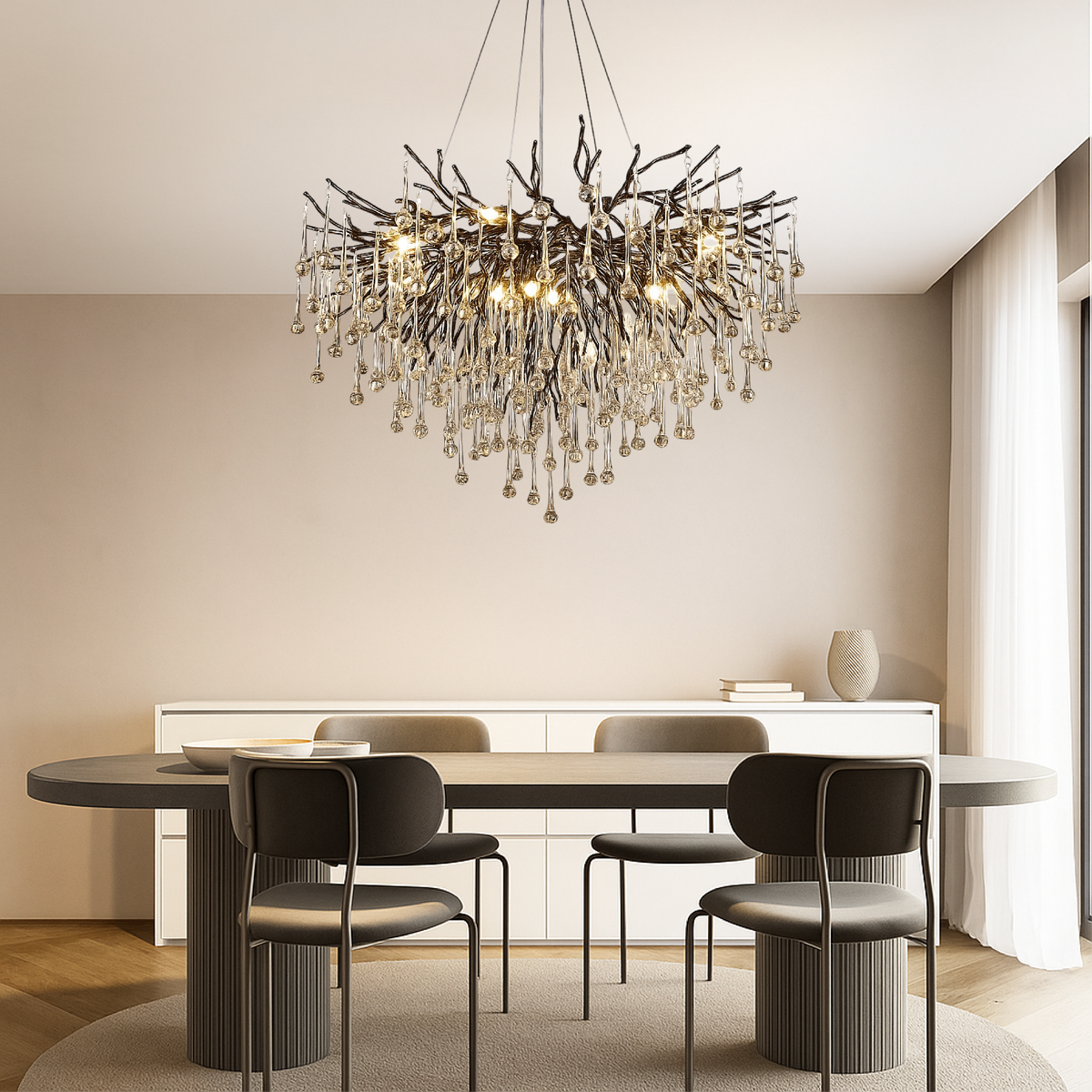 Adjustable Crystal Chandelier Fixture LED Hanging Light 24-47 Inch Diameter Modern Aluminum Suspended Lamp for Dining Tables High Ceilings