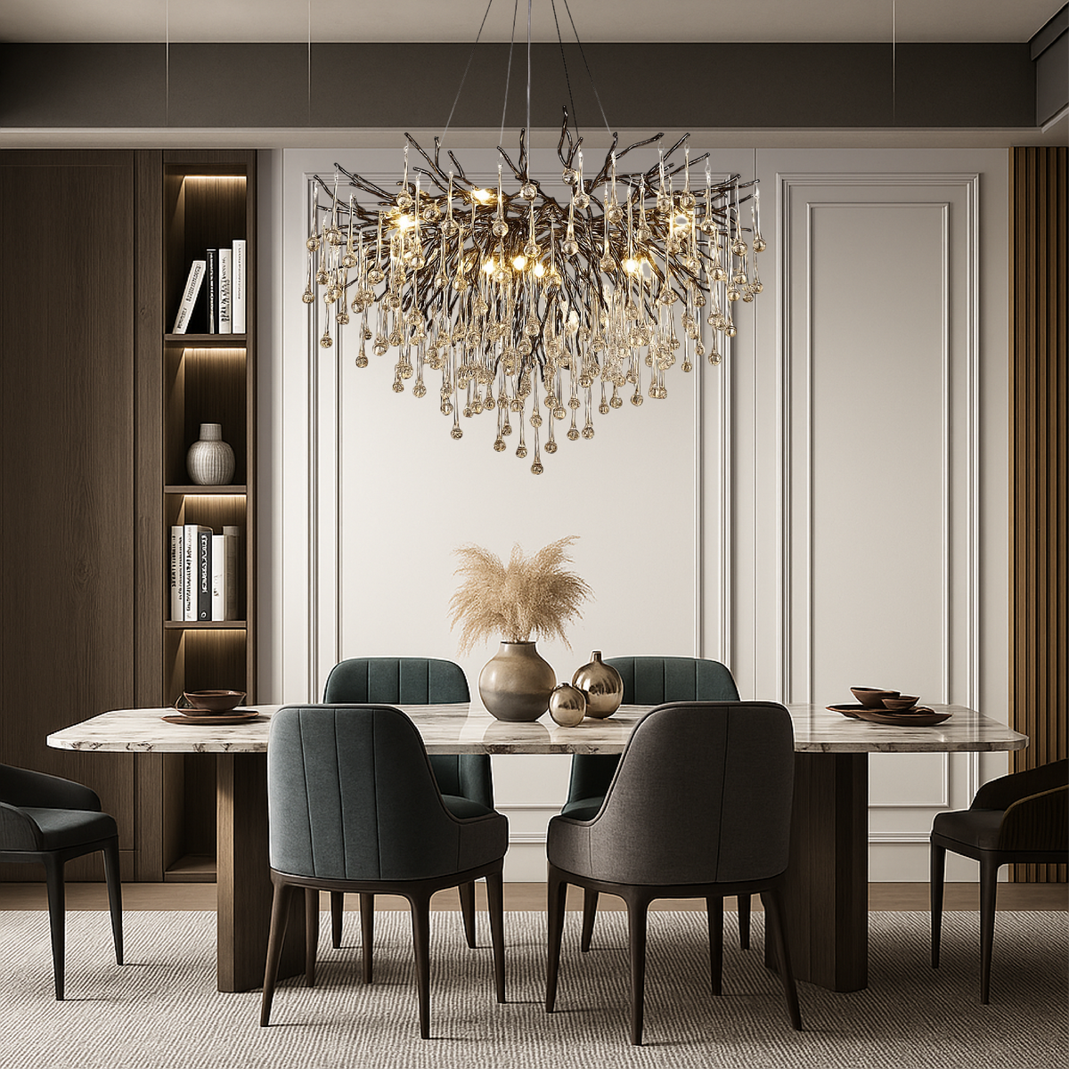 Adjustable Crystal Chandelier Fixture LED Hanging Light 24-47 Inch Diameter Modern Aluminum Suspended Lamp for Dining Tables High Ceilings