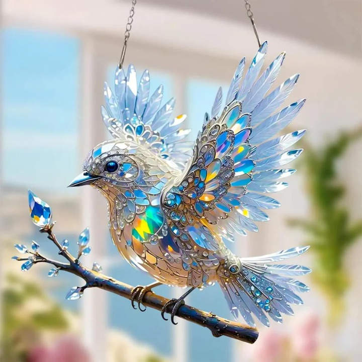 Adorno de cristal para ventana con forma de pájaro: decoración de luz reflectante para el hogar