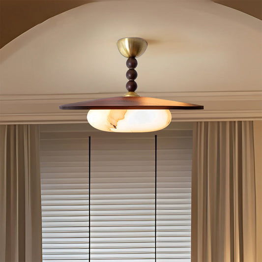Lámpara de techo LED de montaje empotrado de madera de 14 pulgadas redonda con difusor de alabastro para dormitorio, pasillo, sala de estar, accesorio moderno con detalles en latón, luz cálida