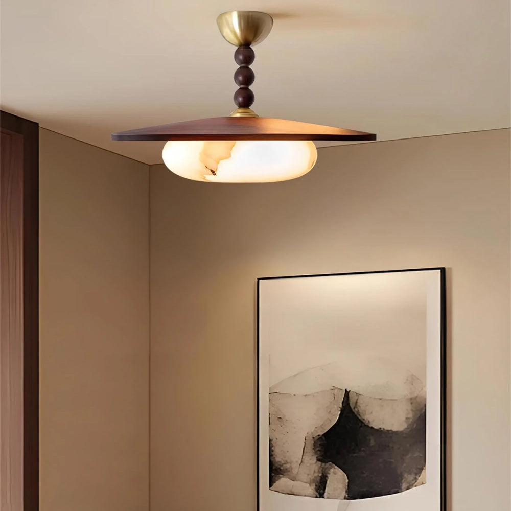Wood Flush Mount LED Ceiling Light 14 Inch Round with Alabaster Diffuser for Bedroom Hallway Living Room Modern Brass Accent Fixture Warm Am