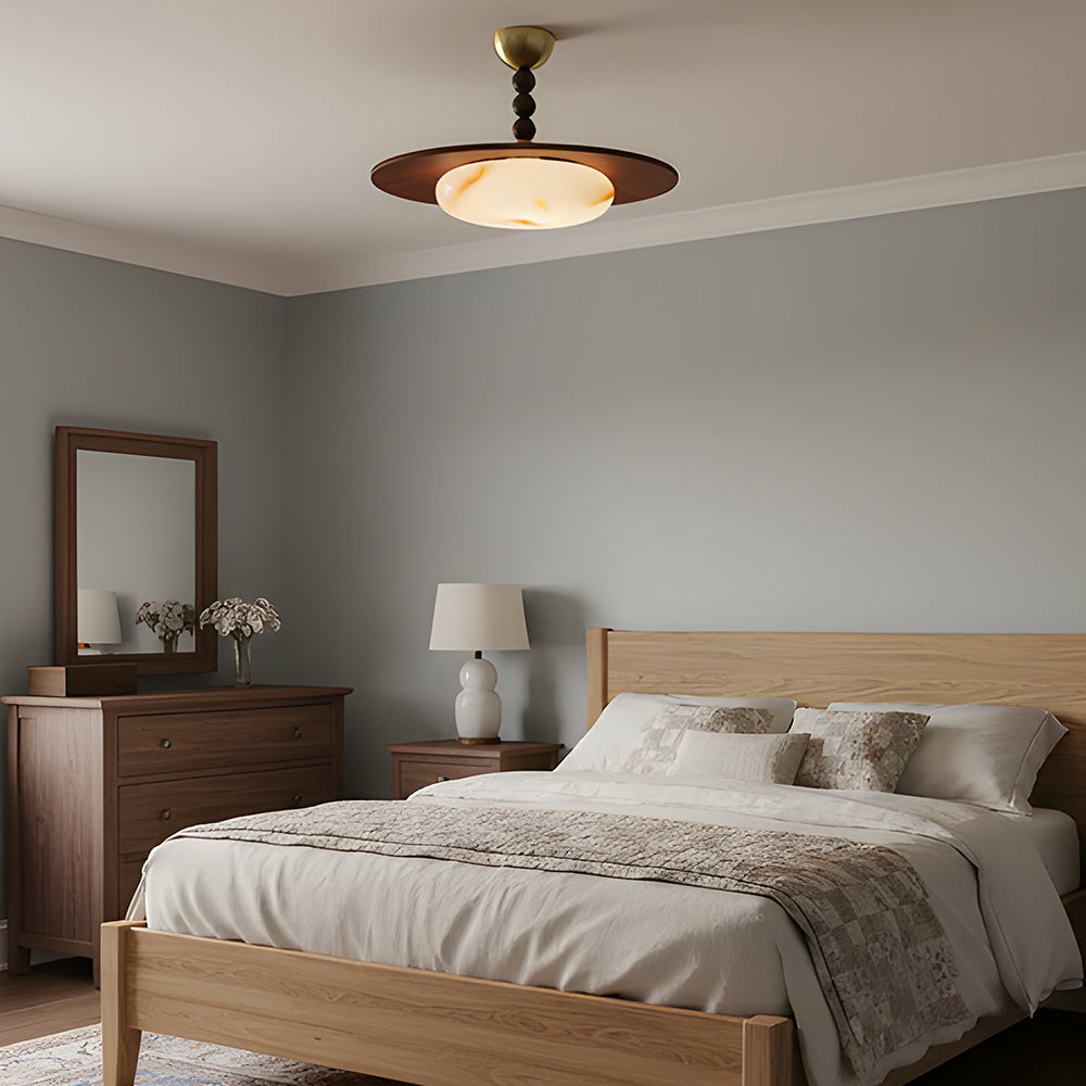 Wood Flush Mount LED Ceiling Light 14 Inch Round with Alabaster Diffuser for Bedroom Hallway Living Room Modern Brass Accent Fixture Warm Am