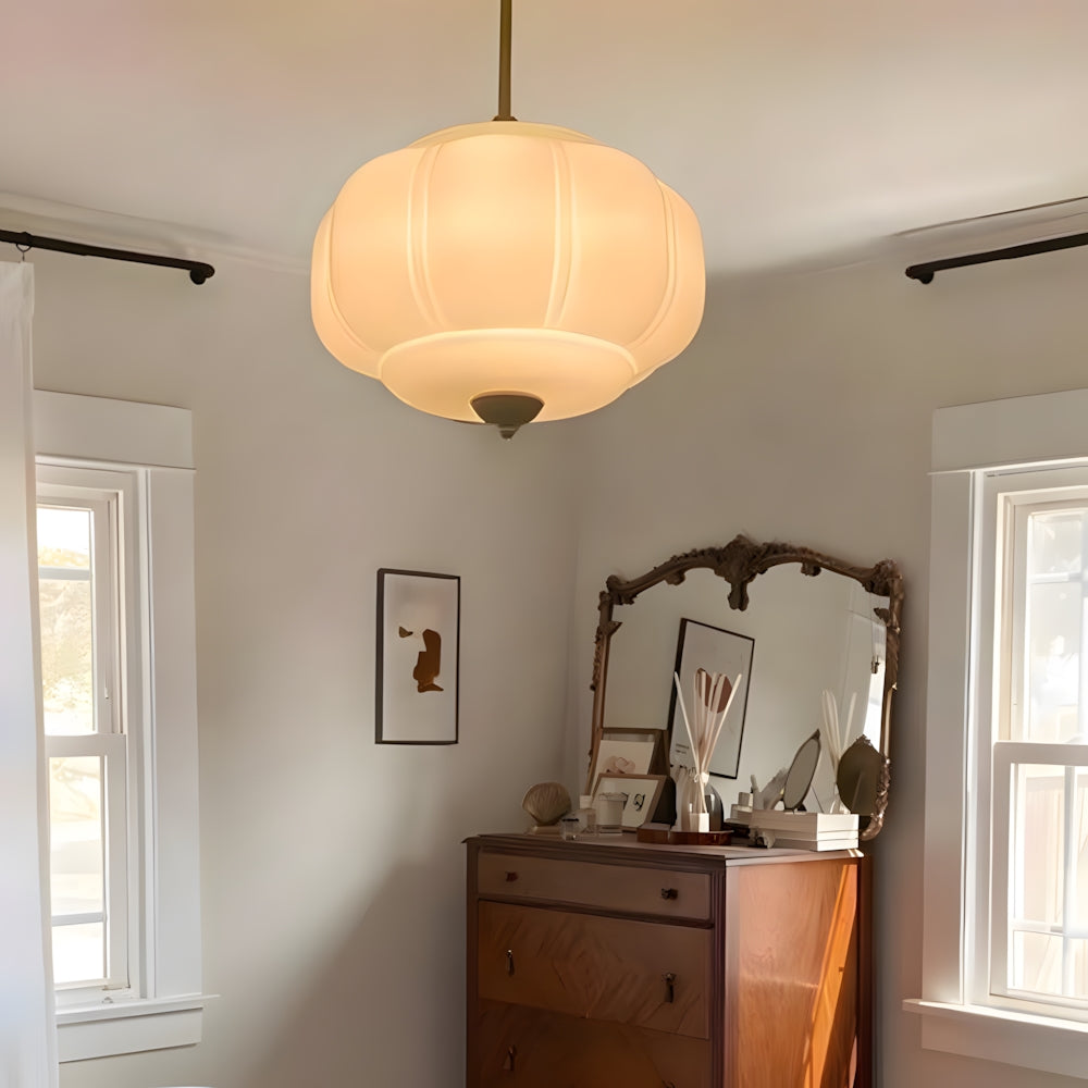Ribbed Glass Globe Hanging Fixture with Warm Amber Tone & Antique Brass Hardware for Dining Room Kitchen Entry
