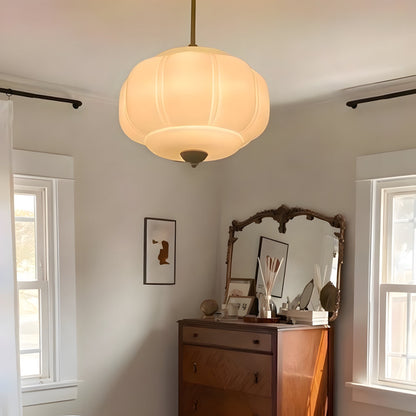 Ribbed Glass Globe Hanging Fixture with Warm Amber Tone & Antique Brass Hardware for Dining Room Kitchen Entry