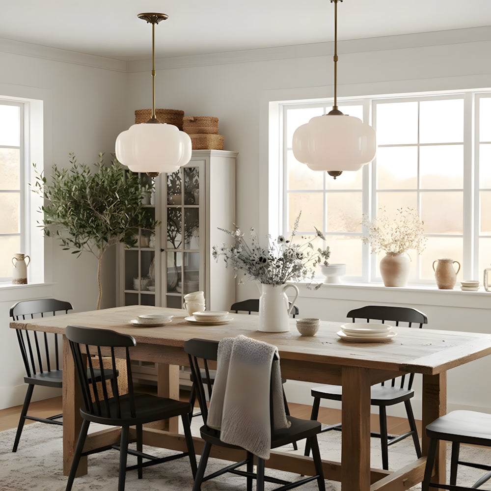 Ribbed Glass Globe Hanging Fixture with Warm Amber Tone & Antique Brass Hardware for Dining Room Kitchen Entry