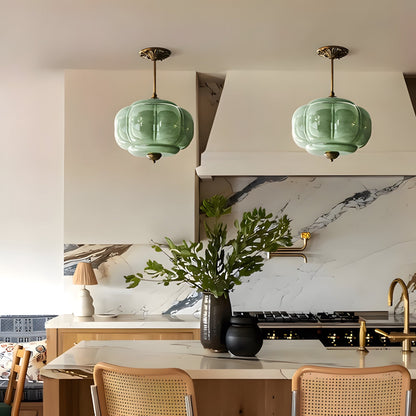 Ribbed Glass Globe Hanging Fixture with Warm Amber Tone & Antique Brass Hardware for Dining Room Kitchen Entry