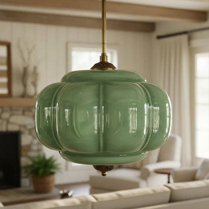 Ribbed Glass Globe Hanging Fixture with Warm Amber Tone & Antique Brass Hardware for Dining Room Kitchen Entry