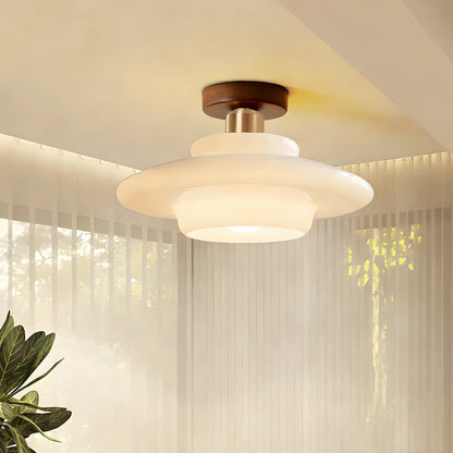 Flush Mount Wood & Glass Ceiling Light 13 in Copper Accent for Entryway Kitchen Hallway Small Rooms Modern Scandinavian LED Fixture
