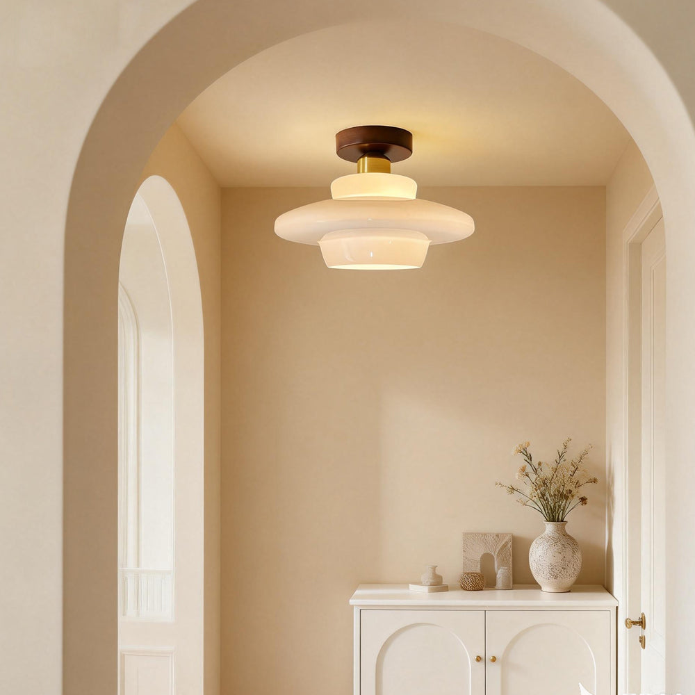 Flush Mount Glass Ceiling Light with Real Wood Trim for Entryway Kitchen Dining Room | Modern Farmhouse Entry Lighting Fixture 12 Inch Warm