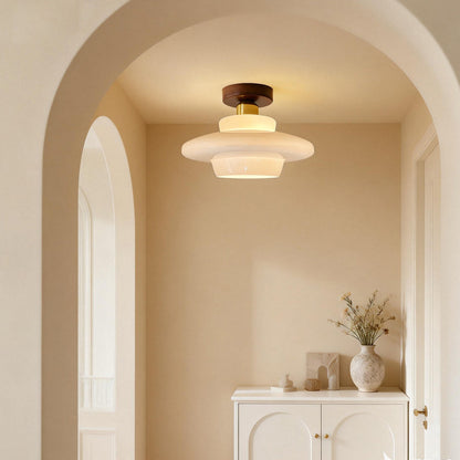 Flush Mount Glass Ceiling Light with Real Wood Trim for Entryway Kitchen Dining Room | Modern Farmhouse Entry Lighting Fixture 12 Inch Warm