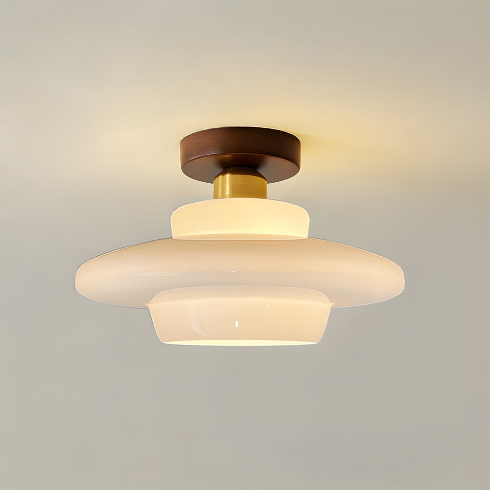 Flush Mount Light Fixture with Real Wood Frame and Clear Glass Dome for Hallway Kitchen Foyer Bedroom Overhead Lighting 12 Inch Round Semi-F