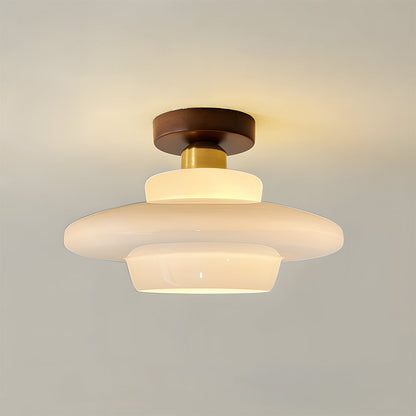 Flush Mount Glass Ceiling Light with Real Wood Trim for Entryway Kitchen Dining Room | Modern Farmhouse Entry Lighting Fixture 12 Inch Warm