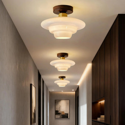 Flush Mount Wood & Glass Ceiling Light 13 in Copper Accent for Entryway Kitchen Hallway Small Rooms Modern Scandinavian LED Fixture