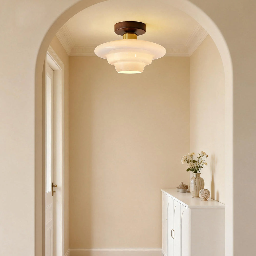 Flush Mount Wood & Glass Ceiling Light 13 in Copper Accent for Entryway Kitchen Hallway Small Rooms Modern Scandinavian LED Fixture