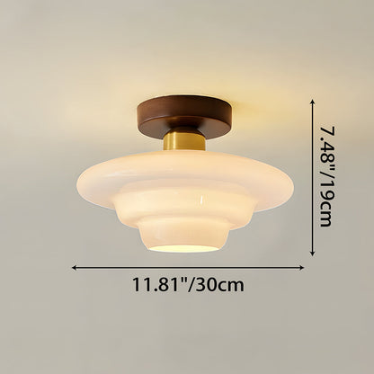 Flush Mount Wood & Glass Ceiling Light 13 in Copper Accent for Entryway Kitchen Hallway Small Rooms Modern Scandinavian LED Fixture