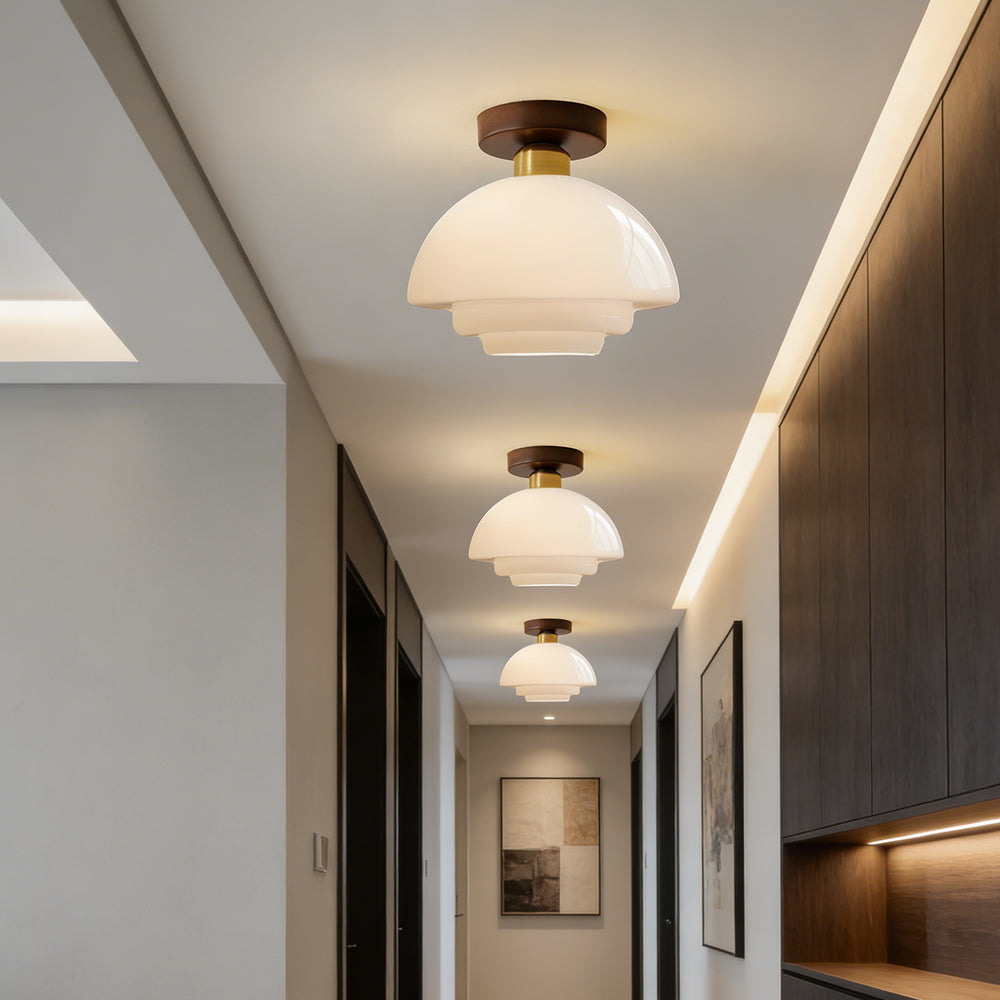 Flush Mount Glass Ceiling Light with Real Wood Trim for Entryway Kitchen Dining Room | Modern Farmhouse Entry Lighting Fixture 12 Inch Warm