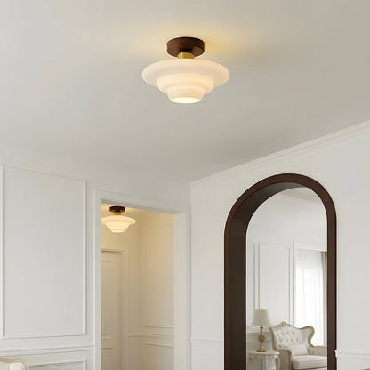 Flush Mount Light Fixture with Real Wood Frame and Clear Glass Dome for Hallway Kitchen Foyer Bedroom Overhead Lighting 12 Inch Round Semi-F