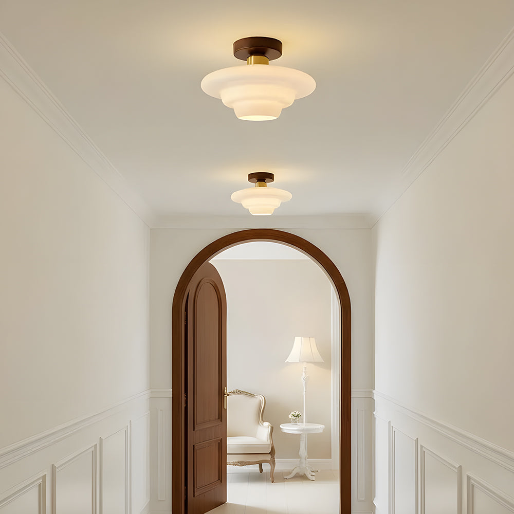 Flush Mount Light Fixture with Real Wood Frame and Clear Glass Dome for Hallway Kitchen Foyer Bedroom Overhead Lighting 12 Inch Round Semi-F