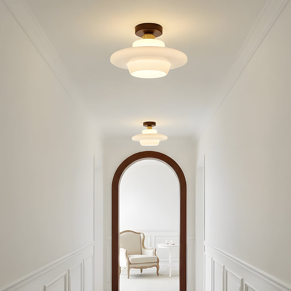 Flush Mount Glass Ceiling Light with Real Wood Trim for Entryway Kitchen Dining Room | Modern Farmhouse Entry Lighting Fixture 12 Inch Warm