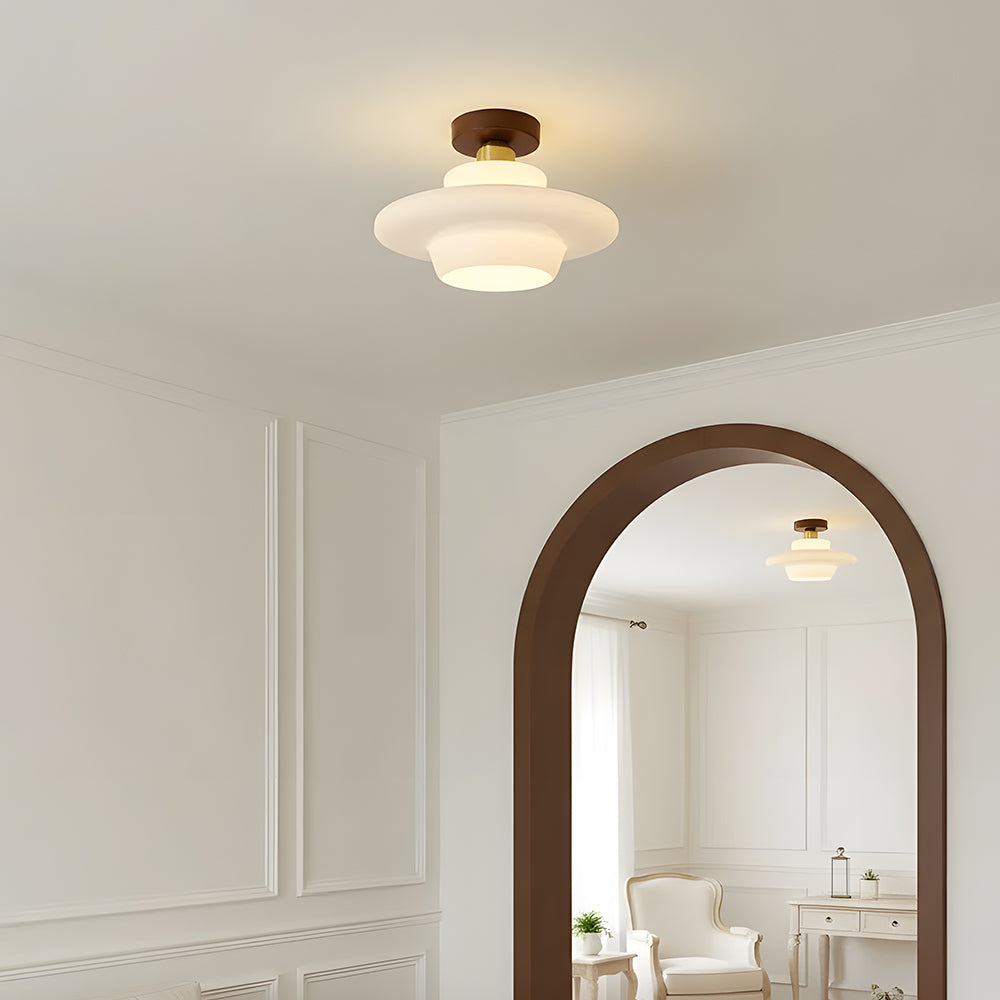 Flush Mount Light Fixture with Real Wood Frame and Clear Glass Dome for Hallway Kitchen Foyer Bedroom Overhead Lighting 12 Inch Round Semi-F