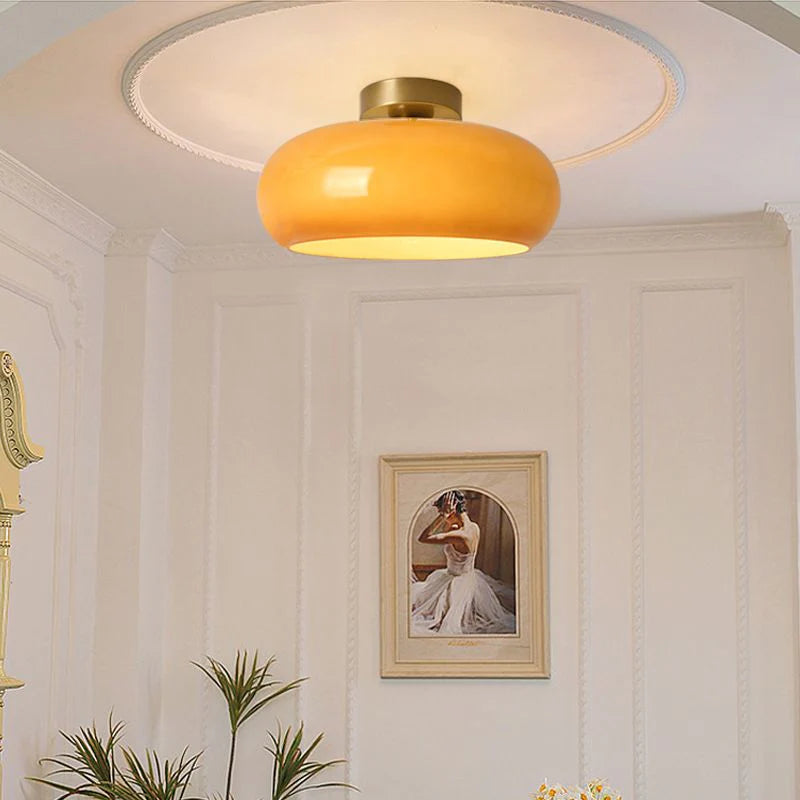 Amber Glass Globe Ceiling Light 11 Inch Dome Shade for Kitchen Island Dining Table Bedroom Brass Iron Fixture E27 Socket