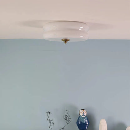 Handcrafted Glass Flush Mount Ceiling Light 16 in White Gold Finish for Dining Room Bedroom Kitchen Overhead Lighting Fixture Vintage Style