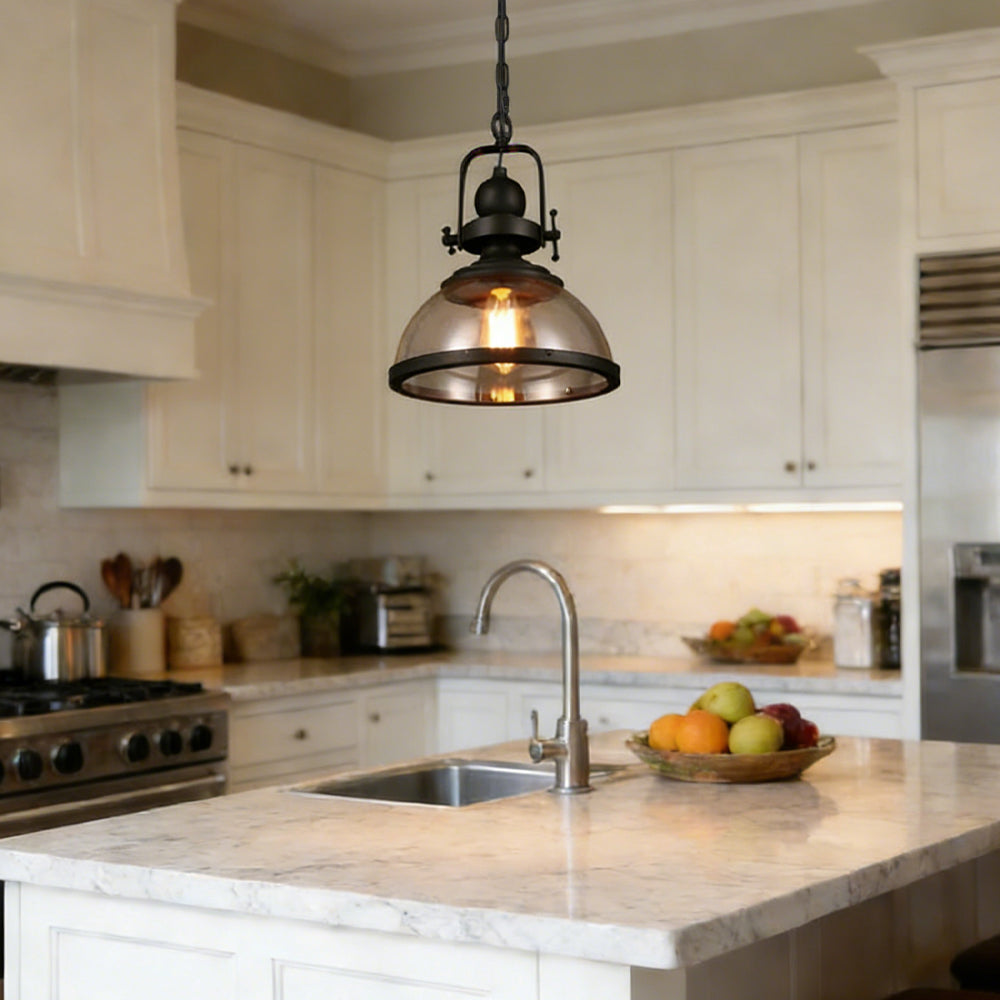 Iron & Glass Dome Hanging Fixture – 12 inch Shade, Adjustable Chain for Kitchen Island, Dining Table & Bedroom – Matte Finish Statement Piec