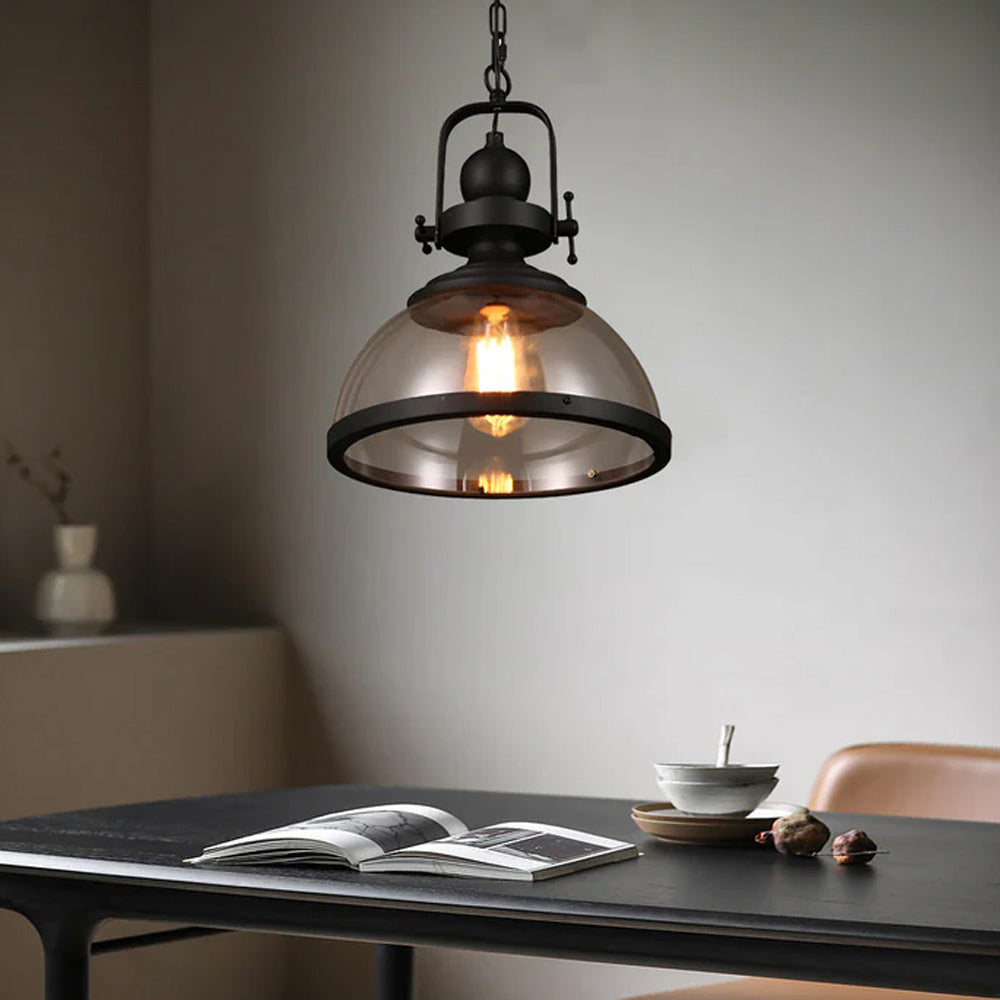 Glass Shade Hanging Fixture with Iron Frame in Black for Dining Rooms, Kitchens, Bedrooms – Adjustable Chain Mount, E26 Socket, 12 in Diamet
