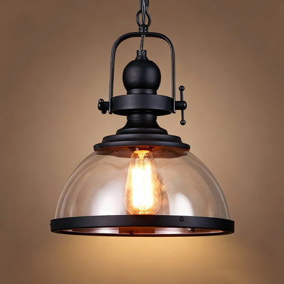 Glass Shade Hanging Fixture with Iron Frame in Black for Dining Rooms, Kitchens, Bedrooms – Adjustable Chain Mount, E26 Socket, 12 in Diamet