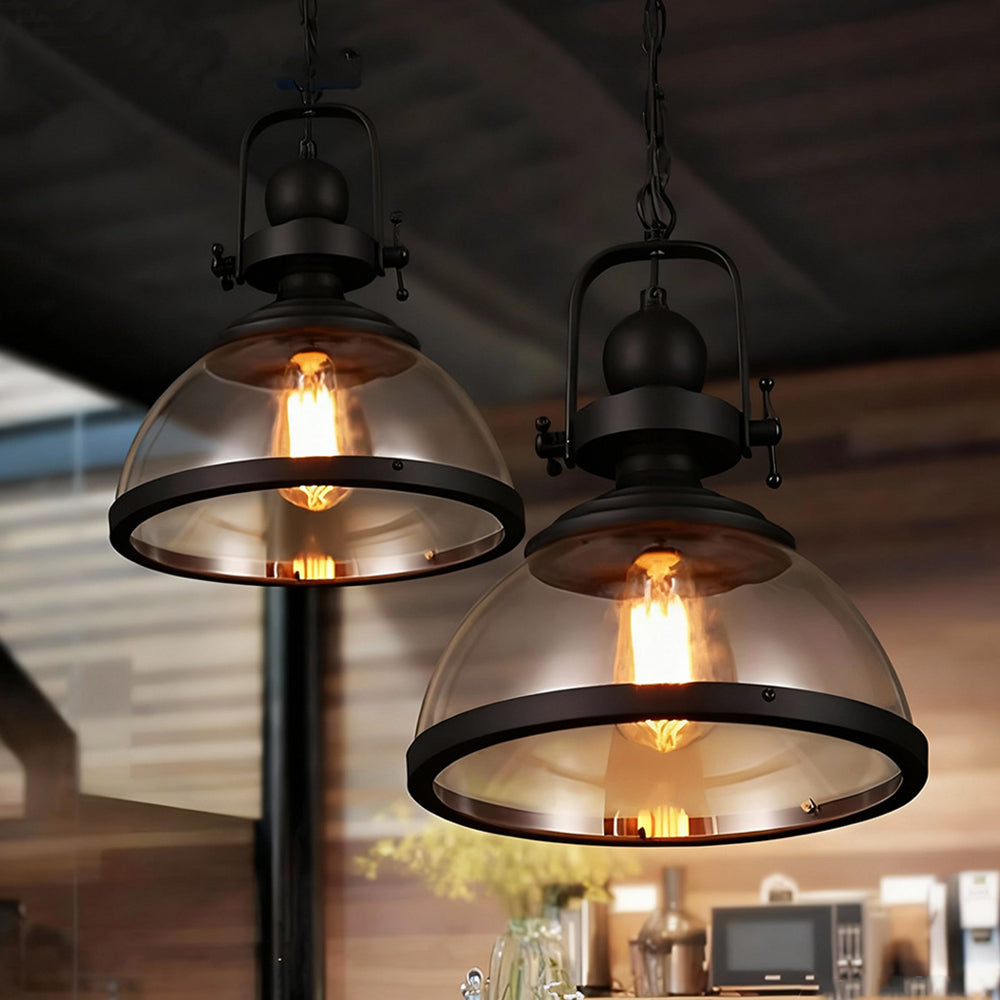 Glass Shade Hanging Fixture with Iron Frame in Black for Dining Rooms, Kitchens, Bedrooms – Adjustable Chain Mount, E26 Socket, 12 in Diamet