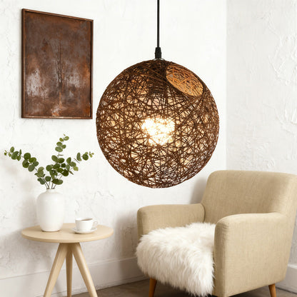 Woven Sphere Ceiling Light for Dining Rooms & Living Spaces – Handcrafted Natural Fiber Hanging Fixture with Warm Filtered Glow