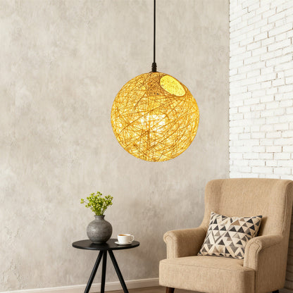 Woven Sphere Ceiling Light for Dining Rooms & Living Spaces – Handcrafted Natural Fiber Hanging Fixture with Warm Filtered Glow