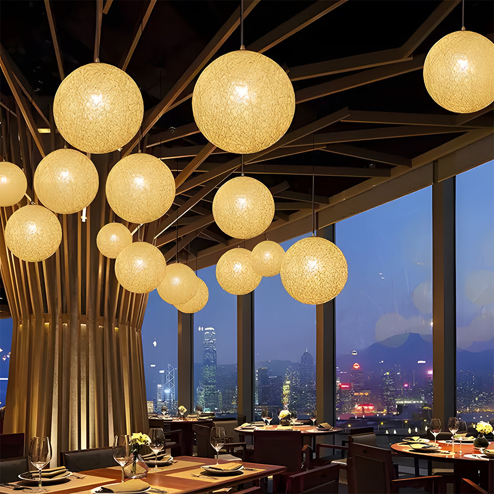 Woven Sphere Ceiling Light for Dining Rooms & Living Spaces – Handcrafted Natural Fiber Hanging Fixture with Warm Filtered Glow