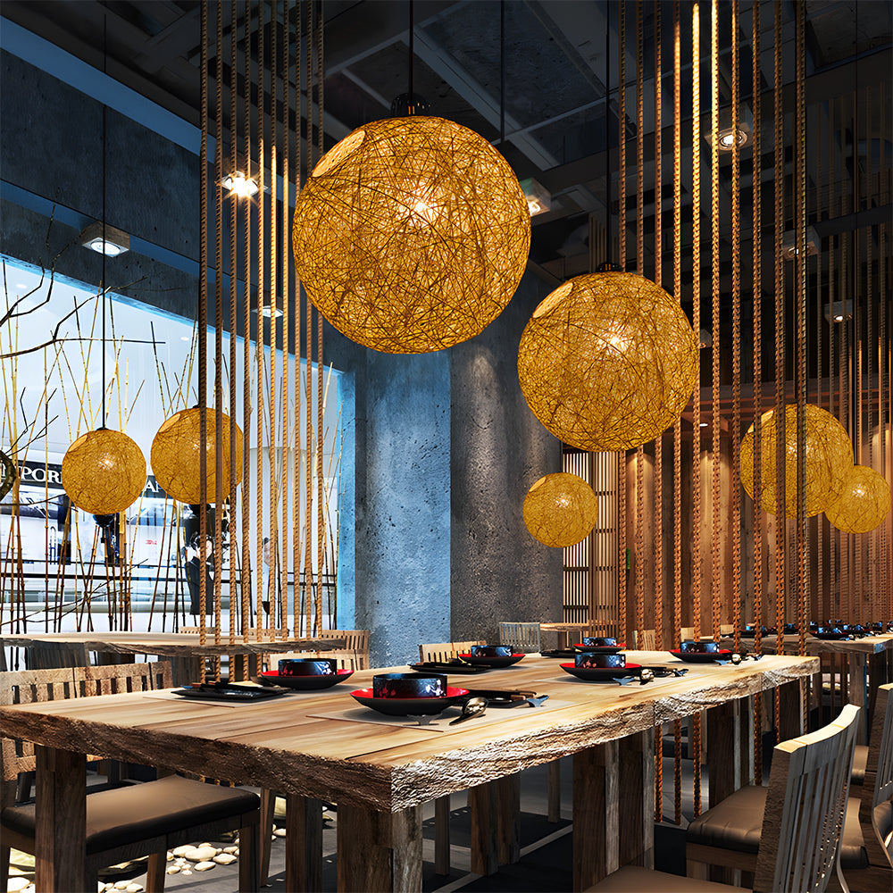 Woven Sphere Ceiling Light for Dining Rooms & Living Spaces – Handcrafted Natural Fiber Hanging Fixture with Warm Filtered Glow