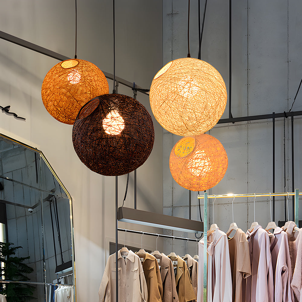 Woven Sphere Ceiling Light for Dining Rooms & Living Spaces – Handcrafted Natural Fiber Hanging Fixture with Warm Filtered Glow