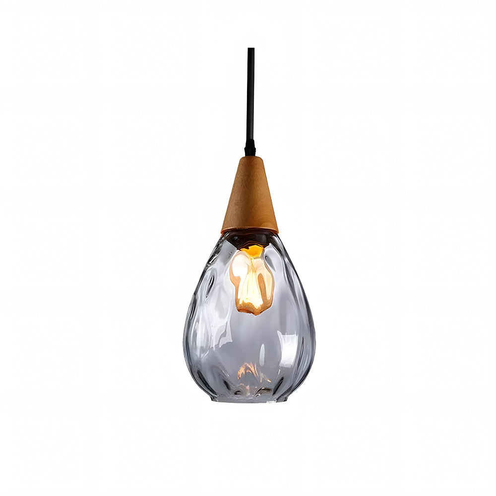 Handcrafted Glass Hanging Light Fixture with Natural Wood Trim 12 Inch Height E26 Socket for Kitchen Dining Room Bedroom Hallway Warm White