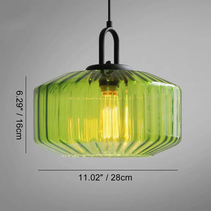Artisan Glass Drop Light 11 in Green Striped Shade for Dining Tables Kitchen Islands Compact Overhead Fixture Ambient LED Glow