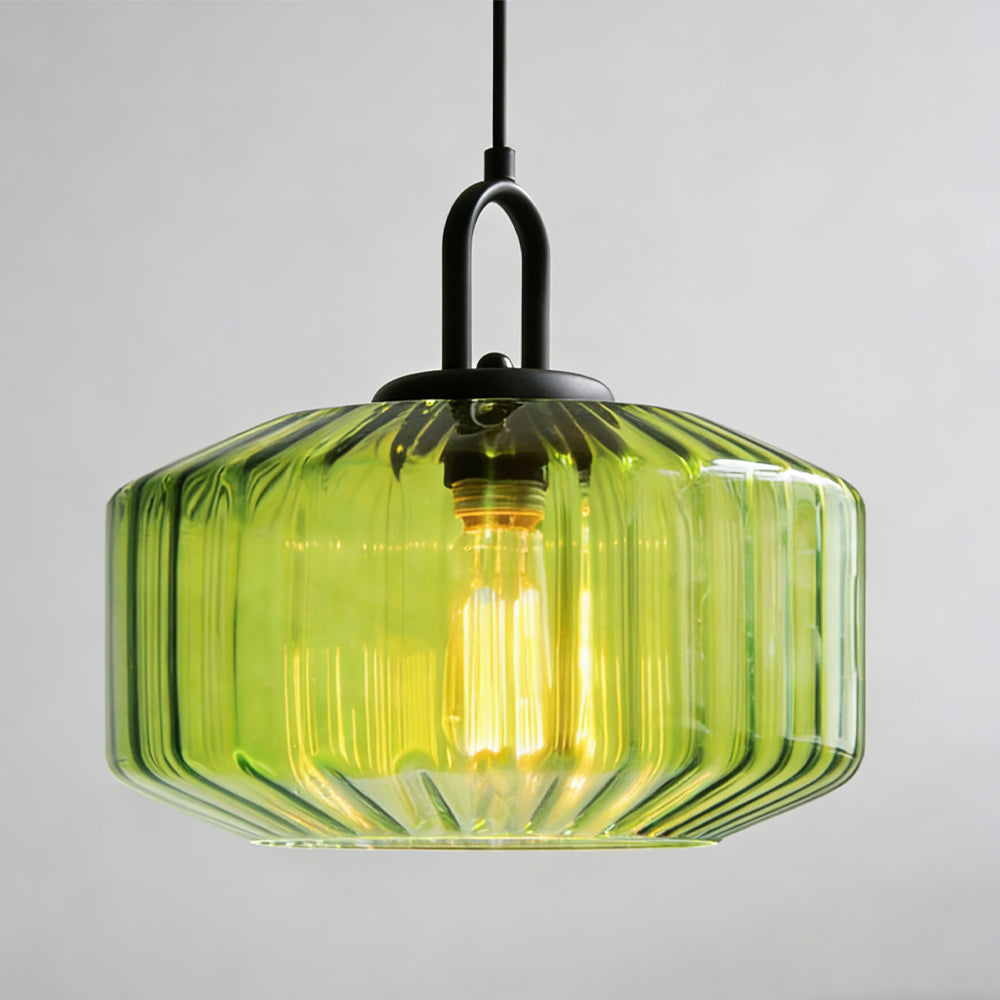 Artisan Glass Drop Light 11 in Green Striped Shade for Dining Tables Kitchen Islands Compact Overhead Fixture Ambient LED Glow