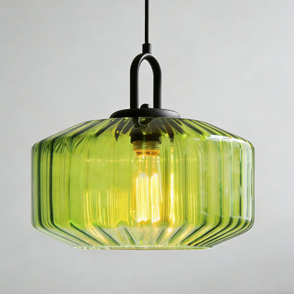 Artisan Glass Drop Light 11 in Green Striped Shade for Dining Tables Kitchen Islands Compact Overhead Fixture Ambient LED Glow