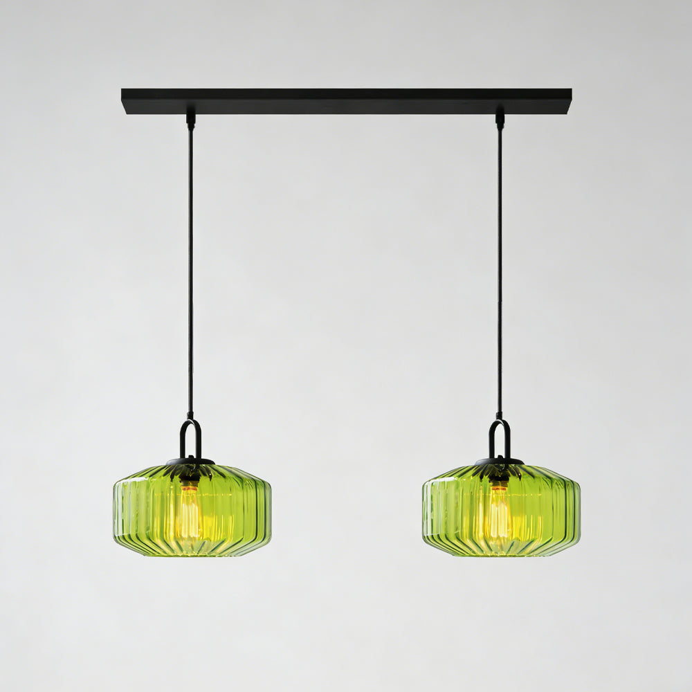 Artisan Glass Drop Light 11 in Green Striped Shade for Dining Tables Kitchen Islands Compact Overhead Fixture Ambient LED Glow