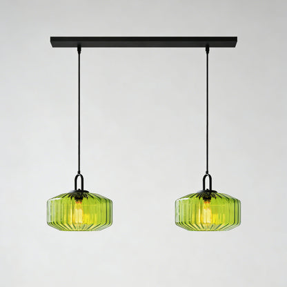 Artisan Glass Drop Light 11 in Green Striped Shade for Dining Tables Kitchen Islands Compact Overhead Fixture Ambient LED Glow