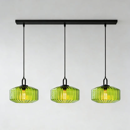 Artisan Glass Drop Light 11 in Green Striped Shade for Dining Tables Kitchen Islands Compact Overhead Fixture Ambient LED Glow