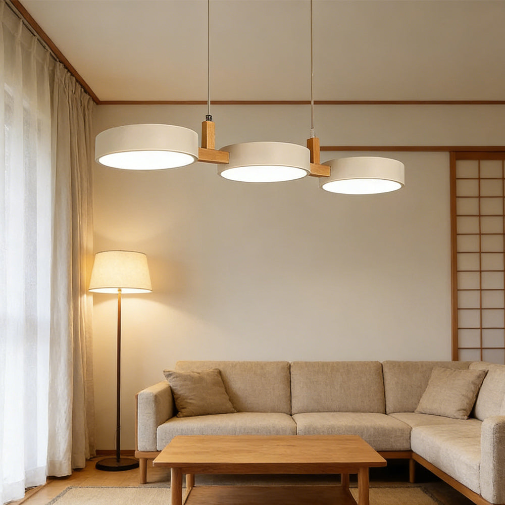 Lámpara de techo de triple pantalla para isla de cocina y comedor: luminaria de 30 pulgadas de materiales mixtos con cables ajustables y diseño de bajo perfil para
