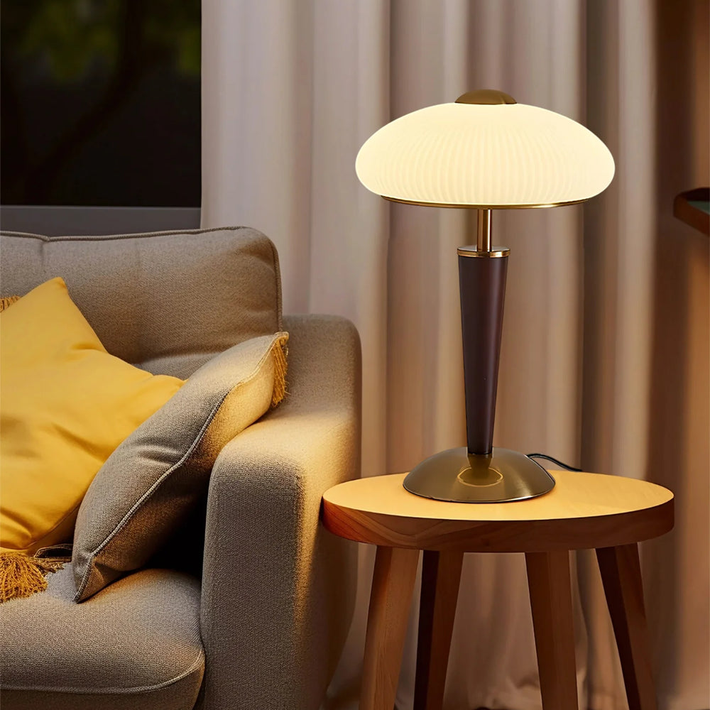 Fluted Metal & Wood Desk Lamp with Warm LED Light for Nightstand, Office & Living Room | Reading Light | Mid-Century Modern