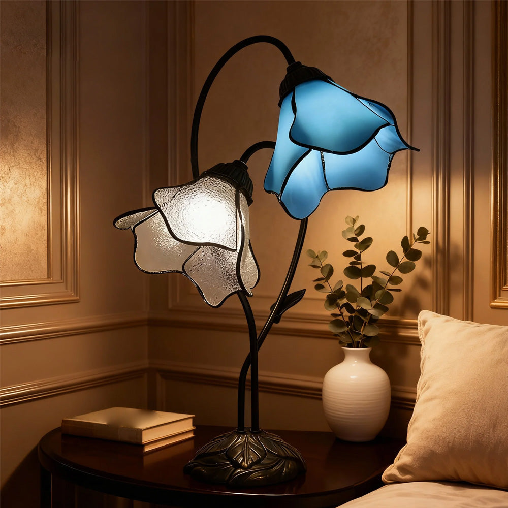 Dual-Shade Glass Flower Desk Lamp 22 in Tall with Resin Base for Bedside Reading Light Vintage Inspired Metal Accent Lighting for Home Offic