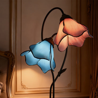 Dual-Shade Glass Flower Desk Lamp 22 in Tall with Resin Base for Bedside Reading Light Vintage Inspired Metal Accent Lighting for Home Offic
