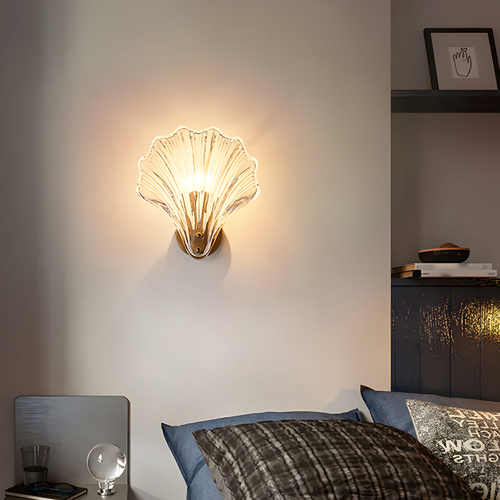 Shell Glass Sconce Gold 7.9 in Bedroom Hallway Bathroom LED Wall Light Fixture Coastal Decor Ambient Lighting Modern Luxury Metal Mount E14