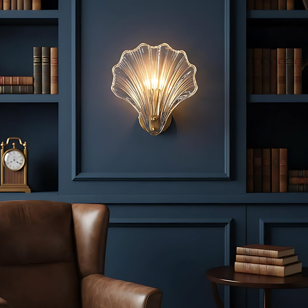 Shell Glass Sconce Gold 7.9 in Bedroom Hallway Bathroom LED Wall Light Fixture Coastal Decor Ambient Lighting Modern Luxury Metal Mount E14