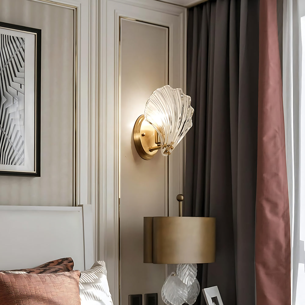 Shell Glass Sconce Gold 7.9 in Bedroom Hallway Bathroom LED Wall Light Fixture Coastal Decor Ambient Lighting Modern Luxury Metal Mount E14